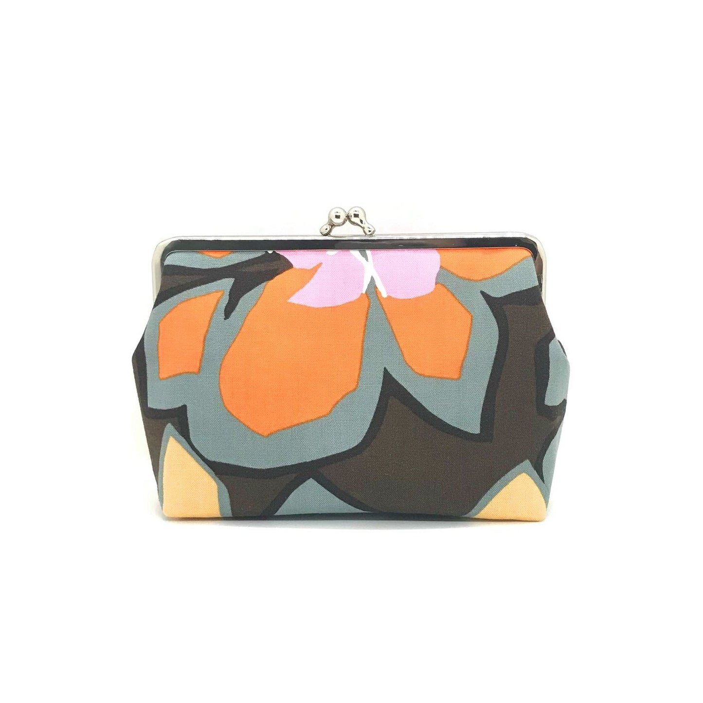 kleine Kosmetiktasche mit Bügelverschluss Blumenmuster orange braun