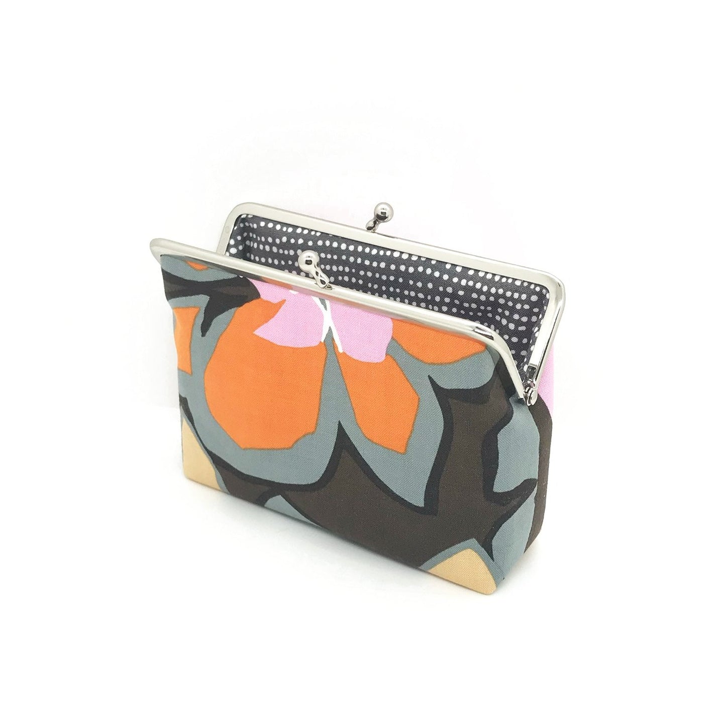 kleine Kosmetiktasche mit Bügelverschluss Blumenmuster orange braun