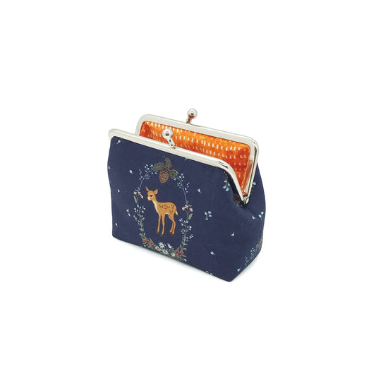 dunkelblaues Täschchen mit Reh und Eule